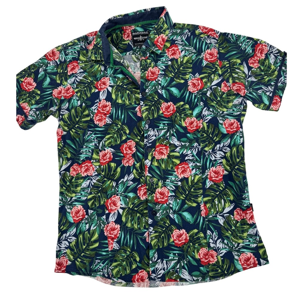 Barabas Button Up Shirt Mens Large Navy Blue Tropical Floral Linen Blend Aloha